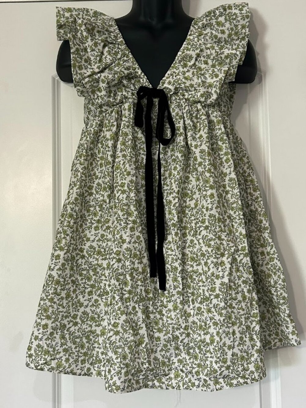 Women's Floral Bow V Neck Babydoll Mini Dress XS